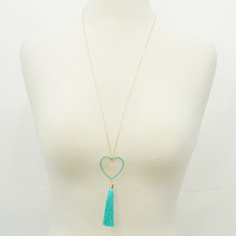 Aqua Heart Pendant with Tassel Long Necklace